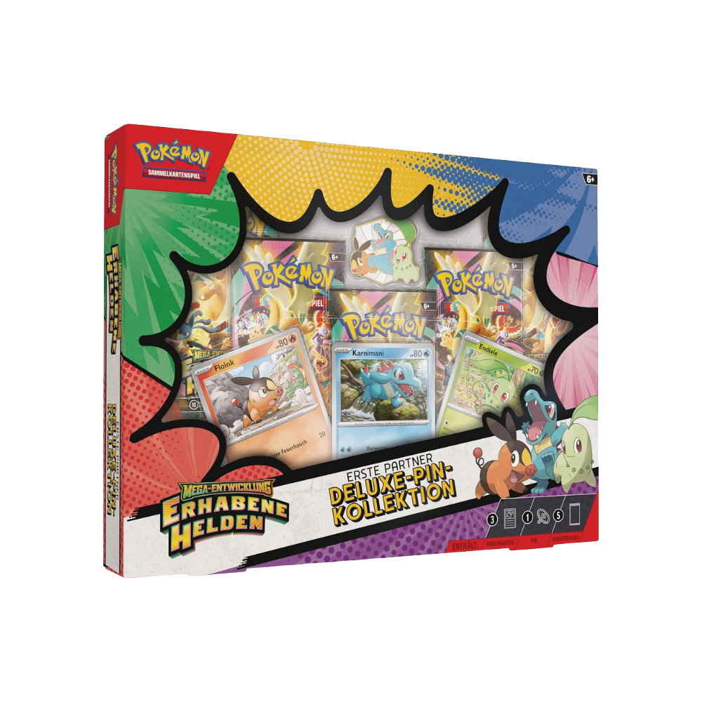 Pokémon Deluxe-Pin-Kollektion Mega-Entwicklung – Erhabene Helden: Erste Partner (3 holografische Promokarten, 1 Deluxe-Pin und 5 Boosterpacks)